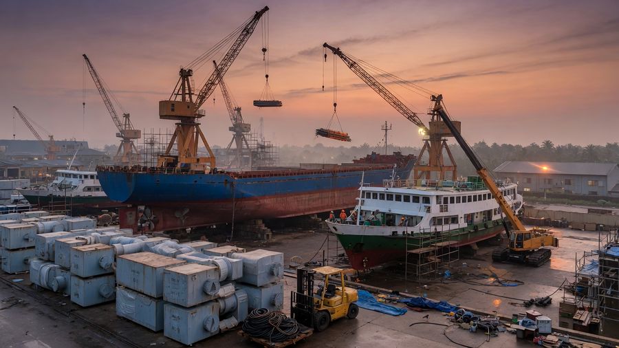 Shipyard quay with vessels and HVAC duct crates